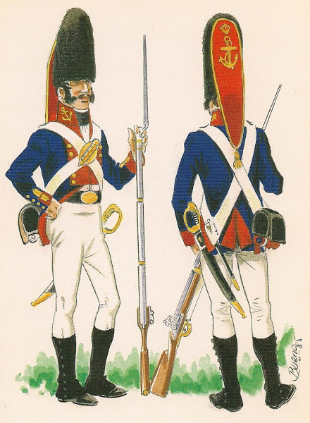 The Spanish (probably the army that it was hardest to find good pictures for and the one I know the least about):1. Spanish Marine Grenadiers2. Spanish Sappers3. Cazadores Voluntarios (1808)4. Walloon Guards (1808, love the later variant as well)