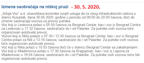 Zbog infrastrukturnih radova u stanici #Kusadak, u subotu 30. maja u periodu od 9:00 do 20:00 časova doći do izmene saobraćaјa vozova za prevoz putnika.
#Beograd #Leskovac #Niš #Mladenovac #Kragujevac #Lapovo #Palanka #SmederevskaPalanka #Železnica #vozovi 
👇👇👇👇👇👇👇👇👇
