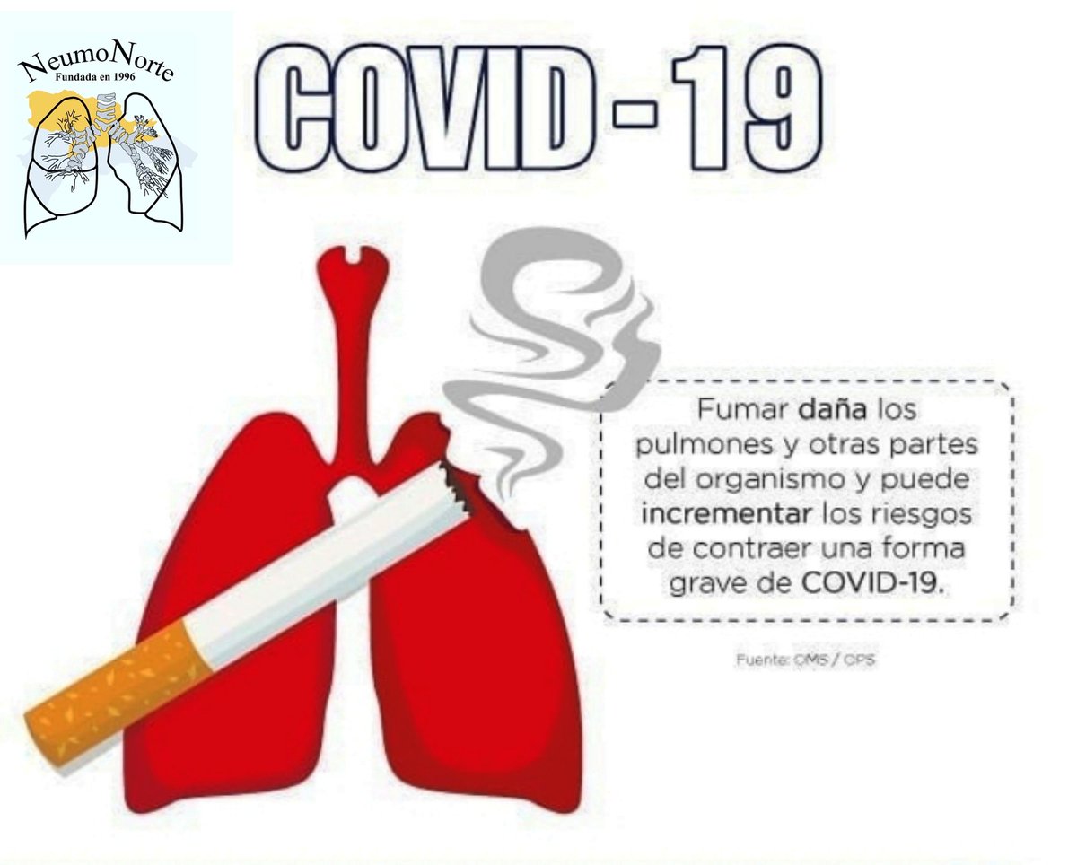 neumonorte's tweet photo. Fumar daña los pulmones y otras partes del organismo y puede incrementar los riesgos de contraer una forma grave de #COVID19. 
.
.
Cuida tu salud 🚭.
.
.
.
Fuente: OMS/CPS.
#neumorte2020 #fumar #COVID19 #Salud #cuidatusalud #nofumes #pulmones https://t.co/aRGS32gGEy