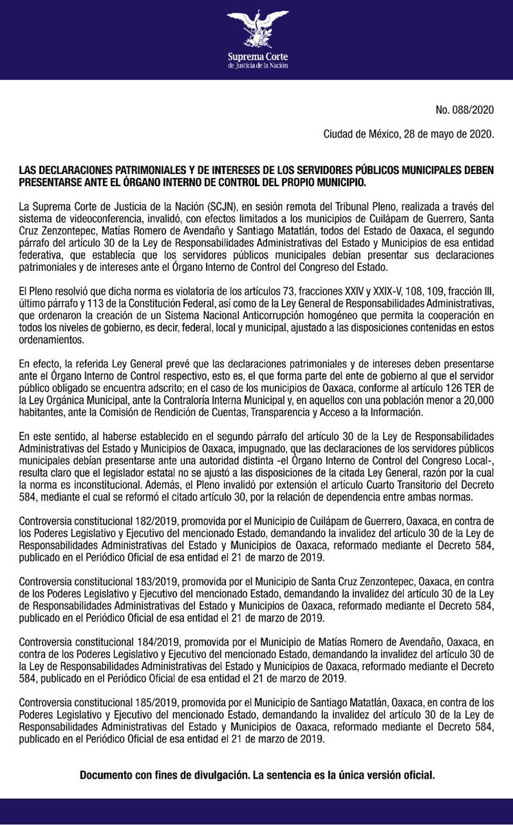 SCJN's tweet image. Servidores públicos municipales deben presentar sus declaraciones patrimoniales y de intereses ante el Órgano Interno de Control del propio municipio tal como se establece en la Ley Orgánica Municipal y en concordancia con la Ley General de Responsabilidades Administrativas.