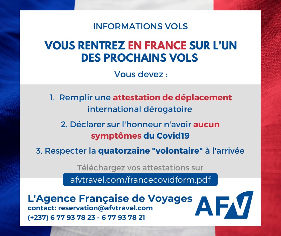 afvtravel's tweet photo. Vous rentrez en France prochainement ? 🇫🇷🗼

N'oubliez pas  de remplir les attestations nécessaires pour assurer votre vol 🛫✅

Téléchargez vos attestations sur https://t.co/uEXDDu7v0P

#Rapatriement #AirFrance #Cameroun #Voyages https://t.co/Ok9rem59t3