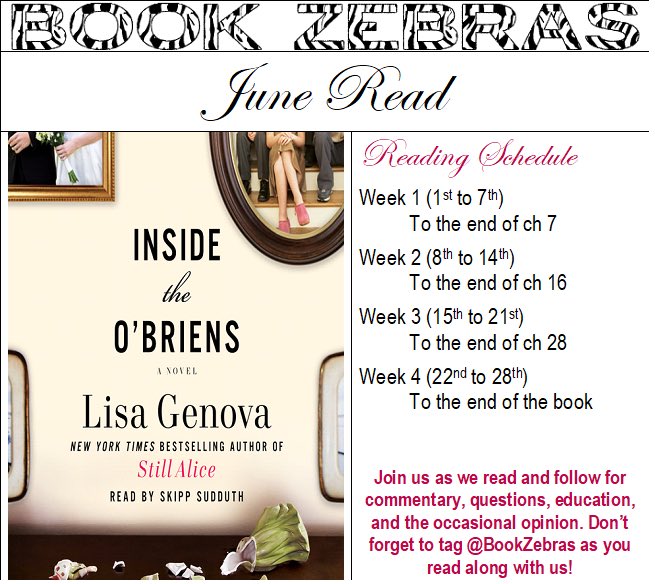 BookZebras's tweet photo. Join us for our #JuneRead Insude the O’Briens by @LisaGenova, featuring tweets and #BookClubTakeOver from our friends over at @UBC: @courtney_cook6 @amywyho @Julia_Hea! #GCBookClub #InsideTheOBriens https://t.co/JjvSpa9LQG