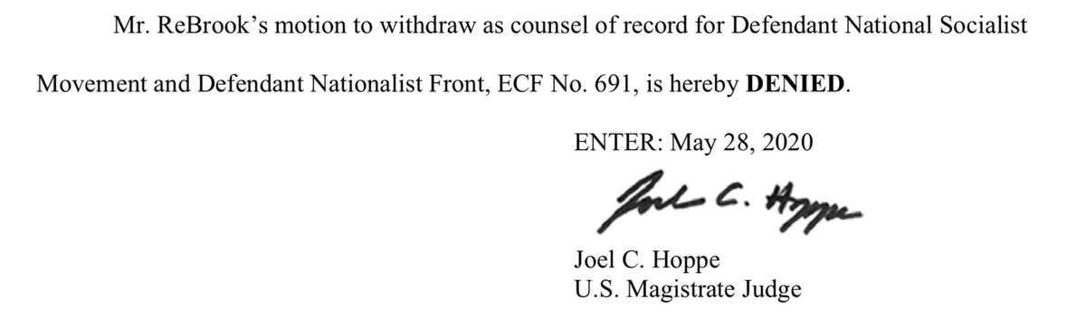 And yet another win for our plaintiffs in  @IntegrityforUSA’s Charlottesville case: the court rejected an attempt by Schoep and NSM’s lawyer to withdraw from representing NSM. Our plaintiffs opposed the withdrawal, noting that attorney ReBrook routinely obstructed discovery.