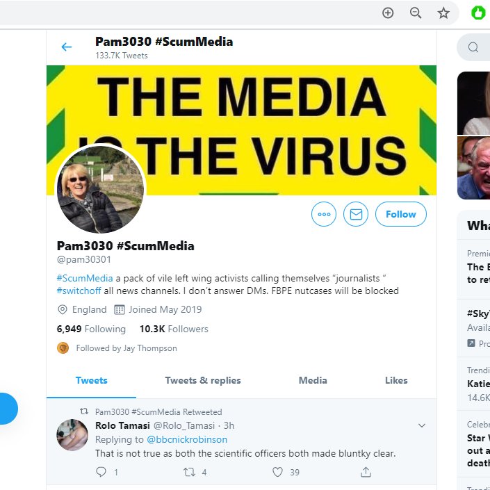 6/ The top five accounts tweeting and retweeting the scum hashtags are >  @timmyvoe  @petermac7 @1hannebelle  @chrisgregson123  @pam30301  @karenlondon9930  From profiles again generally right-wing accounts. One even with a banner saying "The Media is the Virus".  #notgoingaway