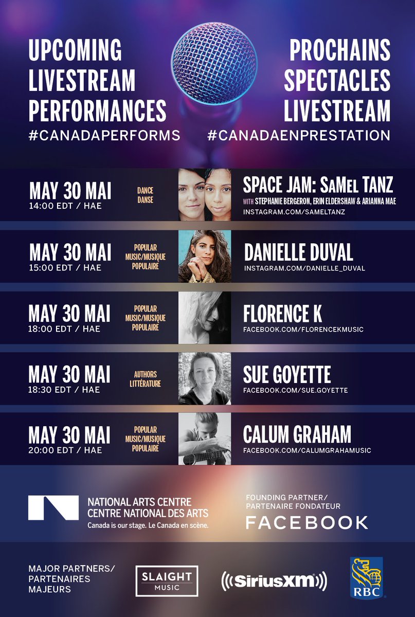 Here are more upcoming #CanadaPerforms online shows! 🥳

All upcoming livestream announcements and links to artists' pages are available on our website.
➡️ nac-cna.ca/en/series/cana…