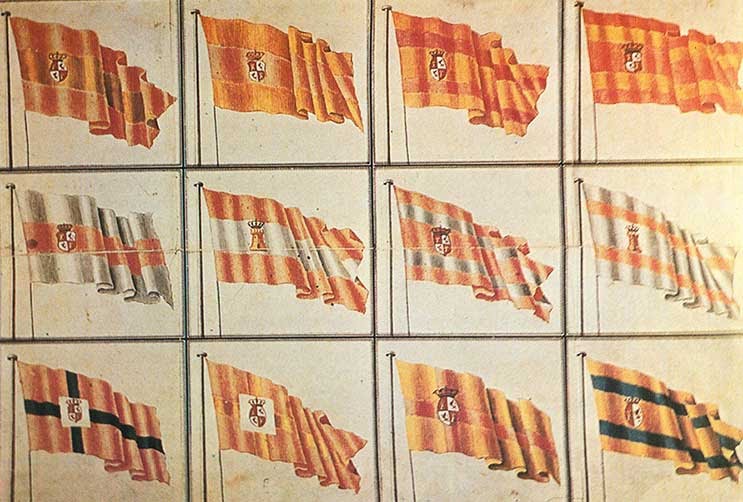 Esto género numerosos problemas derivados de ello.Para solucionarlo, Felipe V mandó al Ministro de Marina, Antonio Valdés y Fernández Bazán, diseñar una bandera naval llamativa.Tras un concurso, Valdés eligió 12 bocetos y se los presentó a Carlos III.