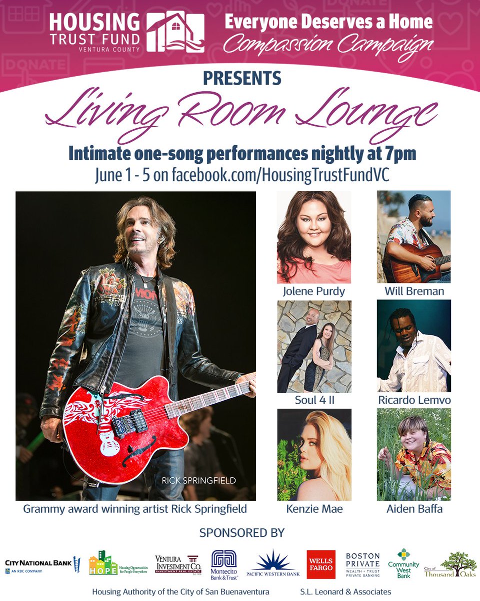HousingTrustVC's tweet photo. #VenturaCounty and beyond, our #LivingRoomLounge kicks off Monday and will run June 1–5!
Part of our #EveryoneDeservesaHome #CompassionCampaign, every night at 7pm on https://t.co/Ux2cTcEhaE we’ll host an intimate 1-song performance by outstanding singers! 🎤 https://t.co/vltWgzJort