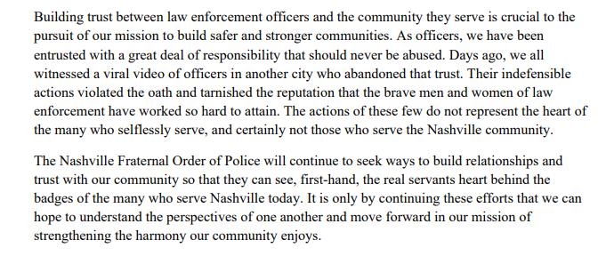 NC5's tweet photo. BREAKING: Nashville FOP releases statement following the death of George Floyd in Minneapolis saying in part:
"Their indefensible actions violated the oath and tarnished the reputation that the brave men and women of law
enforcement have worked so hard to attain." https://t.co/pPa74tqwK0