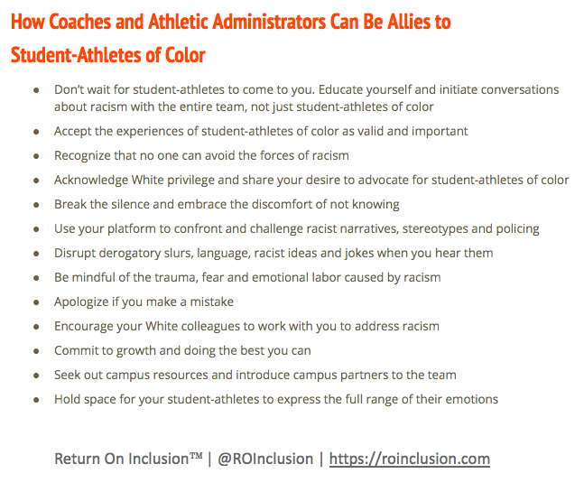 Here's our list of ways coaches and athletic administrators can be allies to student-athletes of color. Please take care of each other and add suggestions: