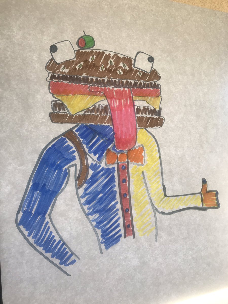 Mrs_Aldinger's tweet photo. For our Art-Thursday, in honor of #NationalHamburgerDay, we drew Beef Boss from #Fortnite... enjoy! 😂 #jmajags https://t.co/KAJvzJD9Rd