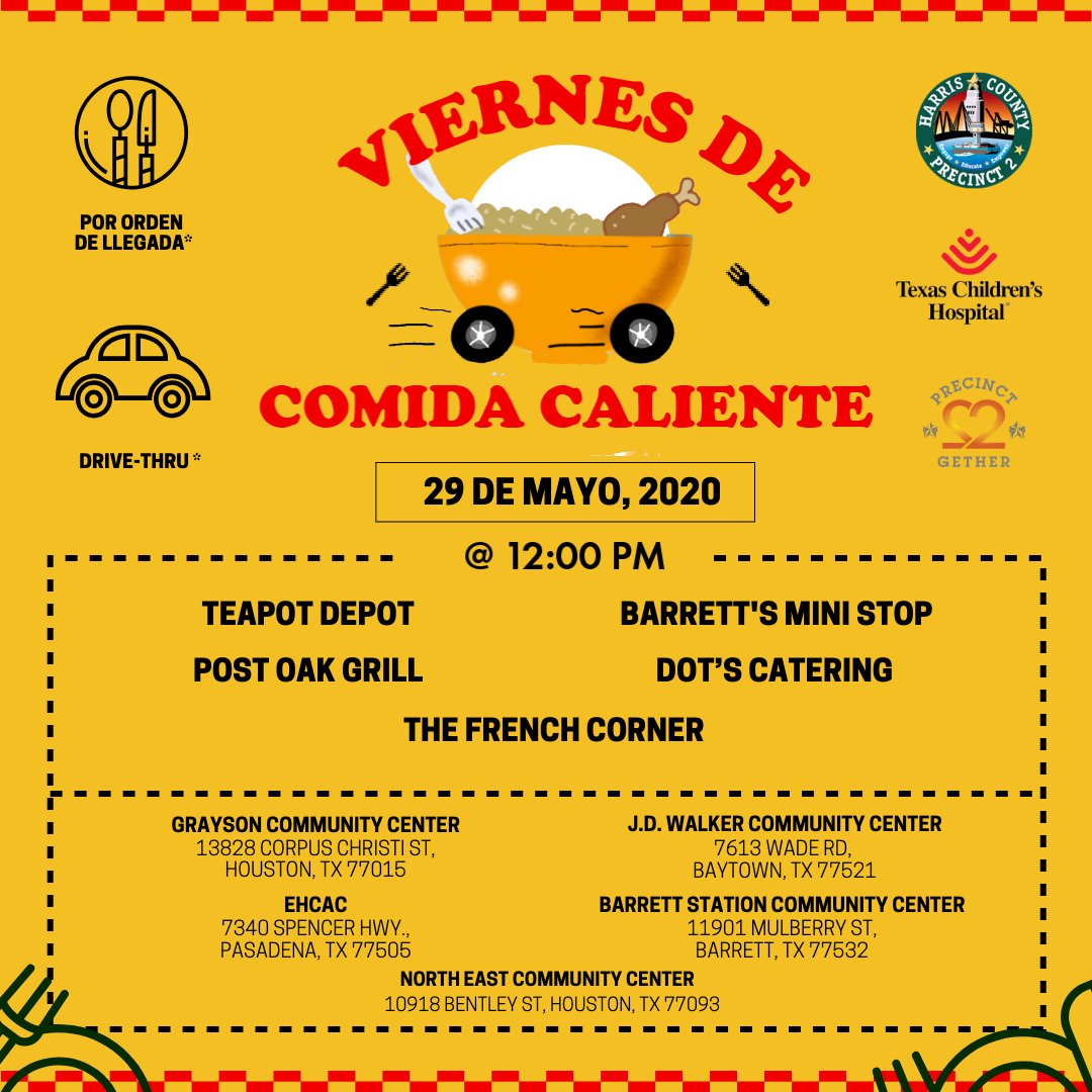 HarrisCoPct2's tweet photo. #ViernesdeComidaCaliente REGRESA mañana! A partir del mediodía, 5 #CentrosComunitarios tendrán #comidascalientes para distribuir de estos restaurantes🔸 Teapot Depot 🔸 Post Oak Grill Restaurant 🔸 The French Corner Restaurant & Catering 🔸 Barrett's Mini Stop 🔸 Dot's Catering. https://t.co/ABKxRSlh1a