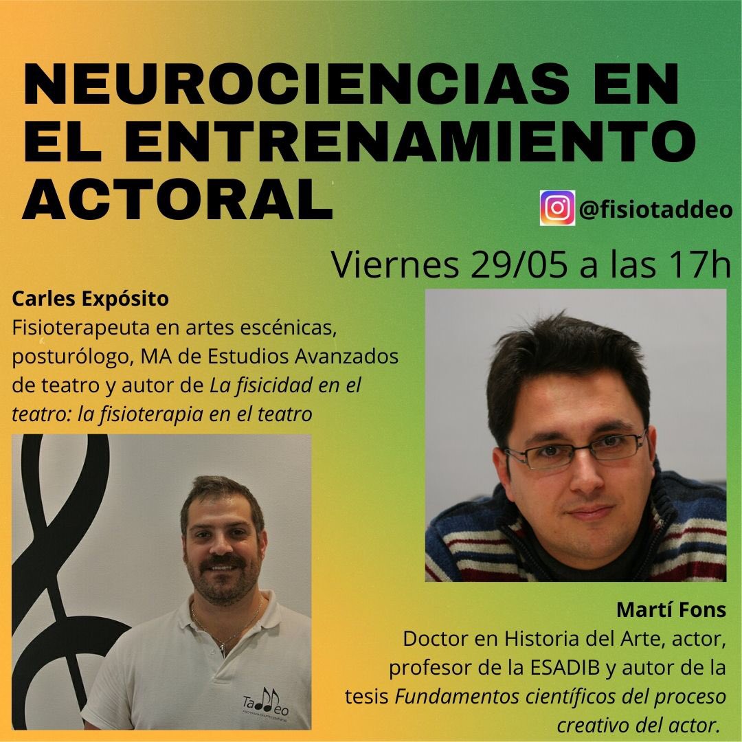 I demà, estarem d'enhorabona. A les 17h, amb en Martí Fons de <a href="/ESADIB/">ESADIB</a> xerrarem de l'aportació de les neurociències en el procés creador de l'actor... #fisioteràpiaenartsescèniques