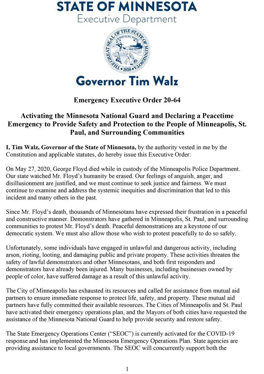 BREAKING: Minnesota governor declares state of emergency, activates the state's National Guard to respond to looting and violent protests in the Twin Cities over the death of George Floyd.