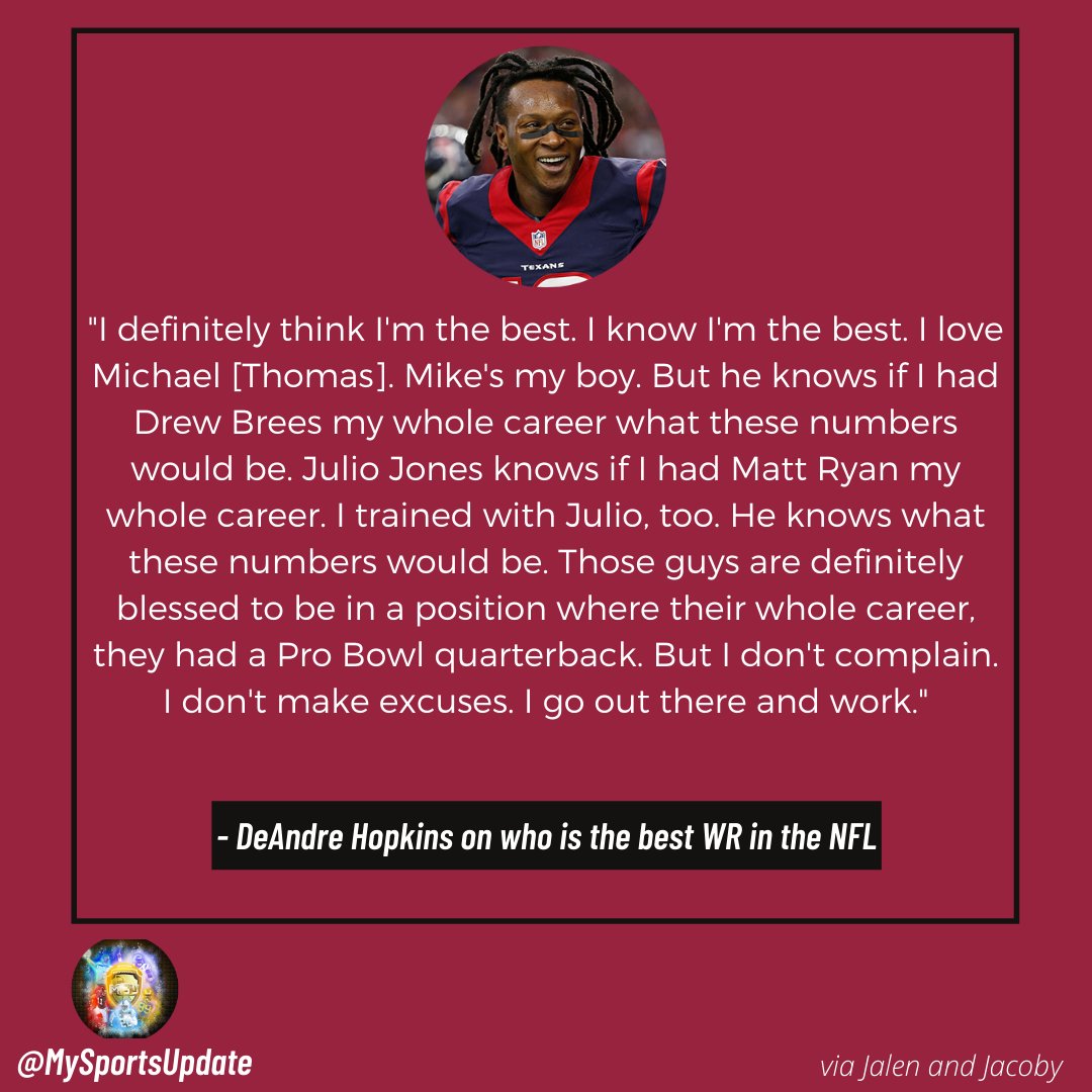MySportsUpdate's tweet photo. #Cardinals WR DeAnde Hopkins, who caught passes from 10 different QBs in Houston, gives his take on who's the best WR in the NFL: https://t.co/aZXmxUTuHd