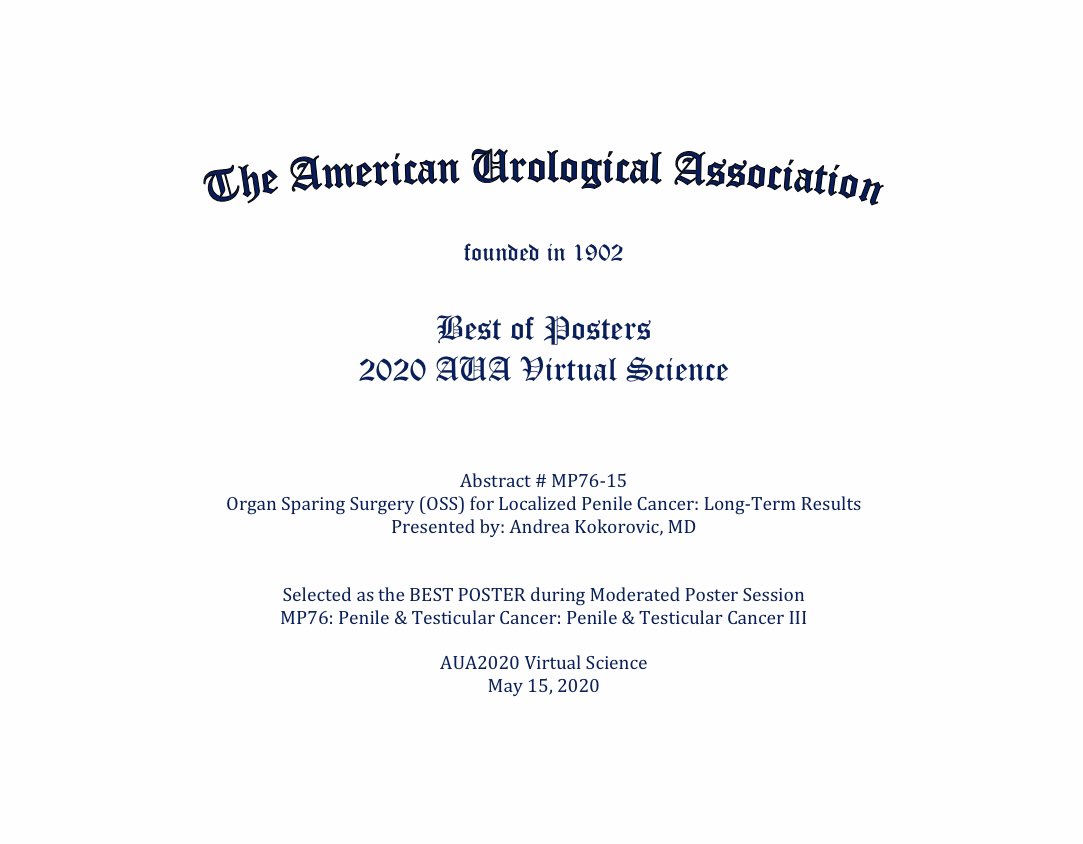 Andrea Kokorovic MD (@drandreakoko) on Twitter photo Our experience w/ organ sparing surgery 4 localized #penilecancer was chosen as Best Poster by <a href="/AmerUrological/">Amer. Urol. Assn.</a> 😊 #AUAVirtualSci
✅ various organ sparing procedures provide effective local control
✅ long term followup is essential 
✅ early local recurrences can be salvaged Our experience w/ organ sparing surgery 4 localized #penilecancer was chosen as Best Poster by <a href="/AmerUrological/">Amer. Urol. Assn.</a> 😊 #AUAVirtualSci
✅ various organ sparing procedures provide effective local control
✅ long term followup is essential 
✅ early local recurrences can be salvaged
