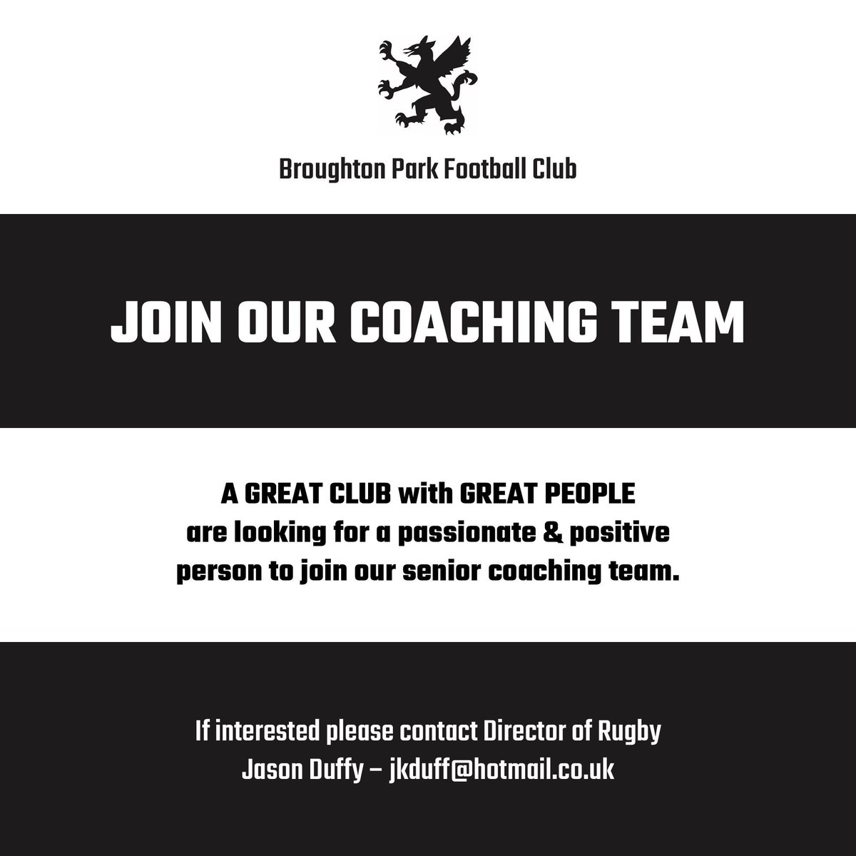 Broughton Park Rugby Club are looking to add another member to our coaching team #GetInTouch #RugbyFamily  Please RT