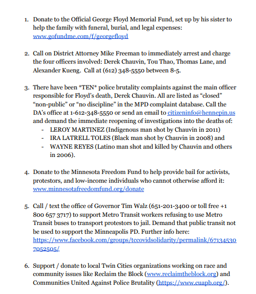 GenZingg's tweet photo. Some ideas of what you can do to support calls for justice for #GeorgeFloyd:
#BlackLivesMatter #JusticeforGeorgeFloyd #Minneapolis #MinnesotaFreedomFund #ReclaimtheBlock #CUAPB #TwinCities #Chauvin #solidarity https://t.co/reEHufDUSP