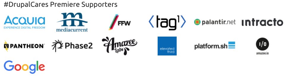 drupalassoc's tweet image. The month of #DrupalCares is ending so we wanted to give more #DrupalThanks to our Premiere Supporters 
@acquia 
@mediacurrent 
@FFWglobal 
@tag1consulting 
@palantir 
@Intracto 
@getpantheon 
@phase2  
@amazeelabs 
@elevatedthird 
@platformsh 
@amazeeio 
@Google