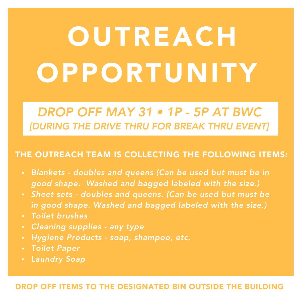 _BWCH's tweet photo. The Outreach Team is collecting household items to help those who are transitioning out of homelessness and into permanent housing. See the list below for more information about items needed and drop-off information. Thank you! https://t.co/3tHw3jcTL7
