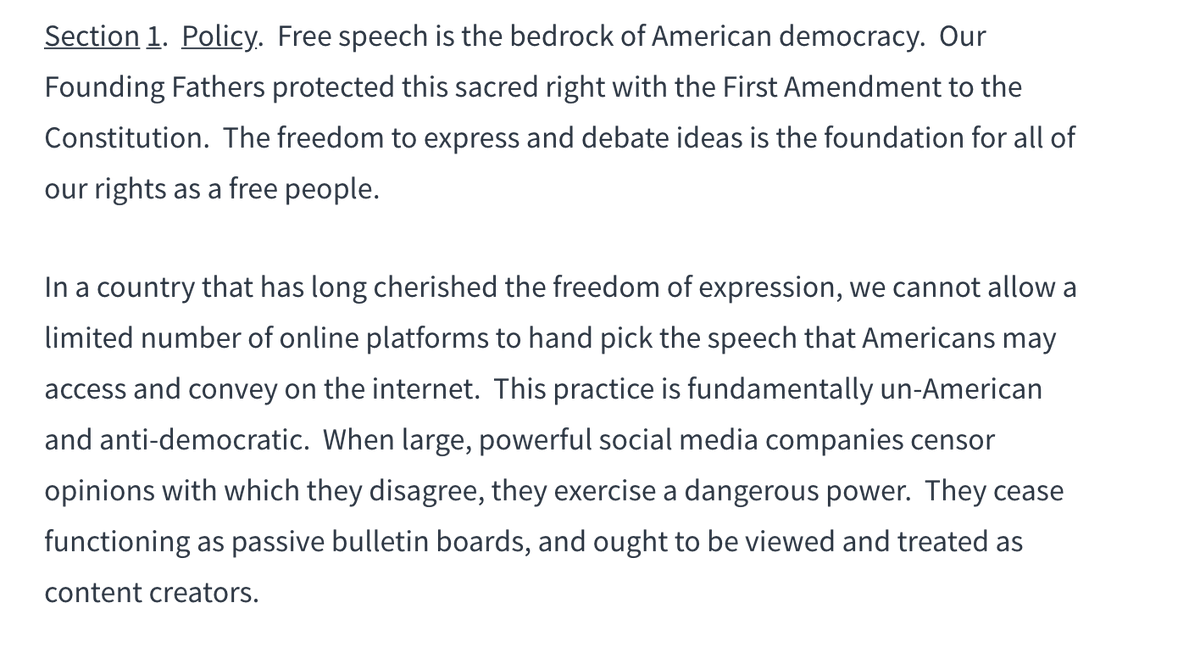 The differences continue to add. Section 1 was fluff in the draft. It's still fluff in the final, but it's much more aggressive and dangerous fluff - it's now directly attacking social media platforms as "fundamentally un-American and anti-democratic."
