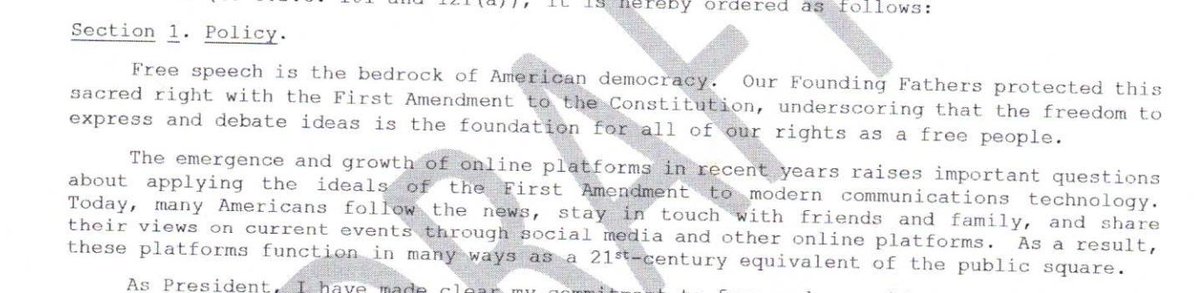 The differences continue to add. Section 1 was fluff in the draft. It's still fluff in the final, but it's much more aggressive and dangerous fluff - it's now directly attacking social media platforms as "fundamentally un-American and anti-democratic."