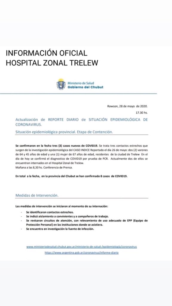 3 nuevos casos de COVID -19 en nuestra ciudad ! Lo que nos lleva a redoblar los cuidados, a seguir las recomendaciones y a compartir sólo información oficial! El mayor respaldo para todo el personal de salud en este momento y una pronta recuperación para ell@s! #Trelew