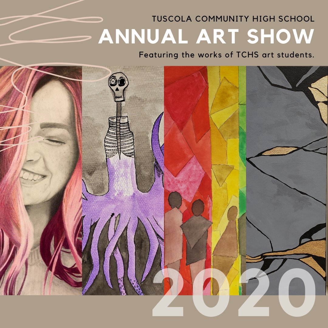 TuscolaCUSD301's tweet photo. Welcome to the TCHS Virtual Art Show. With students no longer in the buildings &amp; the art displays not open to the public.... WE NEED YOUR HELP!!! Please visit our Facebook page (https://t.co/YrmOQdHKZg) and vote for your favorite piece from each category: 2D / 3D / Paintings https://t.co/9kd5AQPDpq