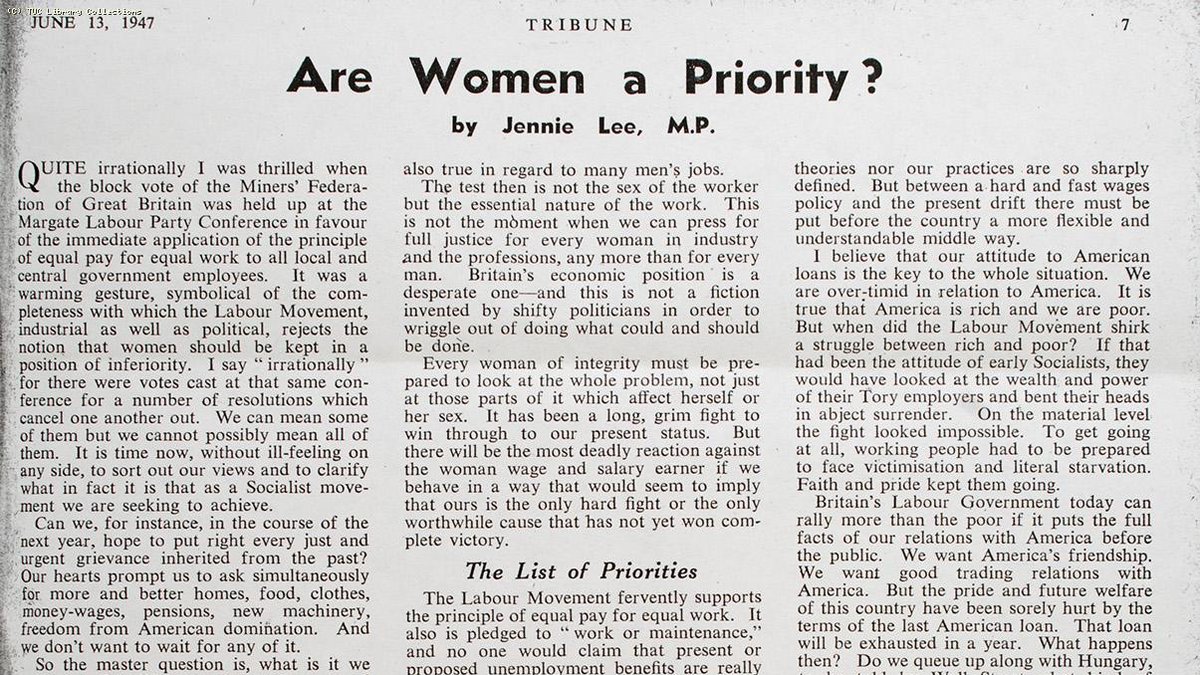 Jennie Lee disagreed and in Tribune responded to support the Government decision asking 'Are Women a Priority?'Lee told Castle that it could not be won while miners wages were so low. Castle replied ‘In that case, we will wait forever’