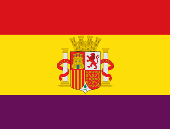 Bandera de España de la Segunda República (1931-1939).Utilizada por el Gobierno republicano y posteriormente durante la Guerra Civil. Cambia la última franja roja por la morada, en recuerdo al pendón de Castilla que enarbolaron los comuneros que se sublevaron contra Carlos I.