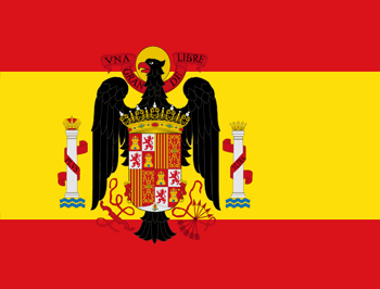 Bandera de España durante la dictadura de Franco y la transición a la Democracia (1945-1977)Se volvió a los colores originales (rojo y amarillo), se quitó el castillo, que se restituyó por la corona en el escudo y se incluyó el águila de San Juan, en honor a los Reyes Católicos