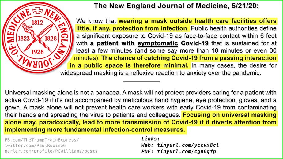 DocCreque's tweet photo. "We know that wearing a mask outside health care facilities offers little, if any, protection from infection." ~ New England Journal of Medicine, May 21, 2020 @GovAndyBeshear https://t.co/d7C9vhNyZQ
