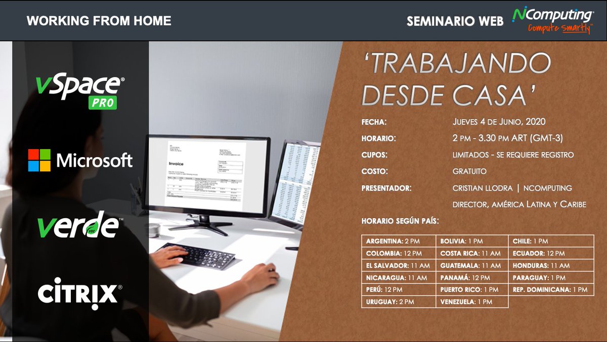 cllodra's tweet image. 'Trabajar desde Casa' con #NComputing. Este Jueves 4 de Junio & 2 pm - 3.30 pm ART (GMT-3), ofreceré un seminario web (sin costo) para explicar los 14 escenarios que NComputing tiene para ofrecer. Cupos limitados. Inscripción desde el siguiente enlace: