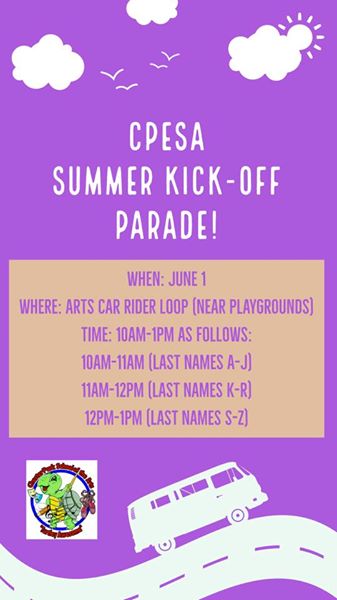 CPESA_CCSD's tweet photo. ATTENTION CPESA FAMILIES: 

We will have our Summer Kick-Off Parade (drive thru style) on Monday, June 1st! 

It will be 9am-4pm as follows:
9am-10am (open)
10am-11am (last names A-J)
11am-12pm (last names K-R)
12pm-1pm (last names S-Z)
1pm-4pm (open)

**Please Note Changes! https://t.co/G4gC11rsOM