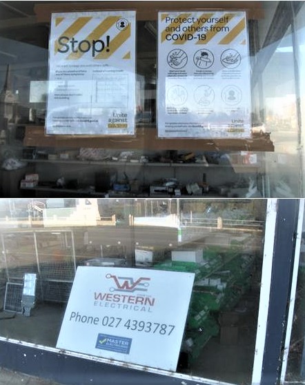Cont. Main St. history pre & post Covid: 1. Wm. Saunders built shops 1910, Mick O'Brien purchased & remade as Crown Hotel when his pub burned down in 1919, CC 0; 2. Then agricultural contractors depot, demolished 1987, CC BY; 3. Rebuilt, Western Electrical, CC BY; 4. Covid, CC BY
