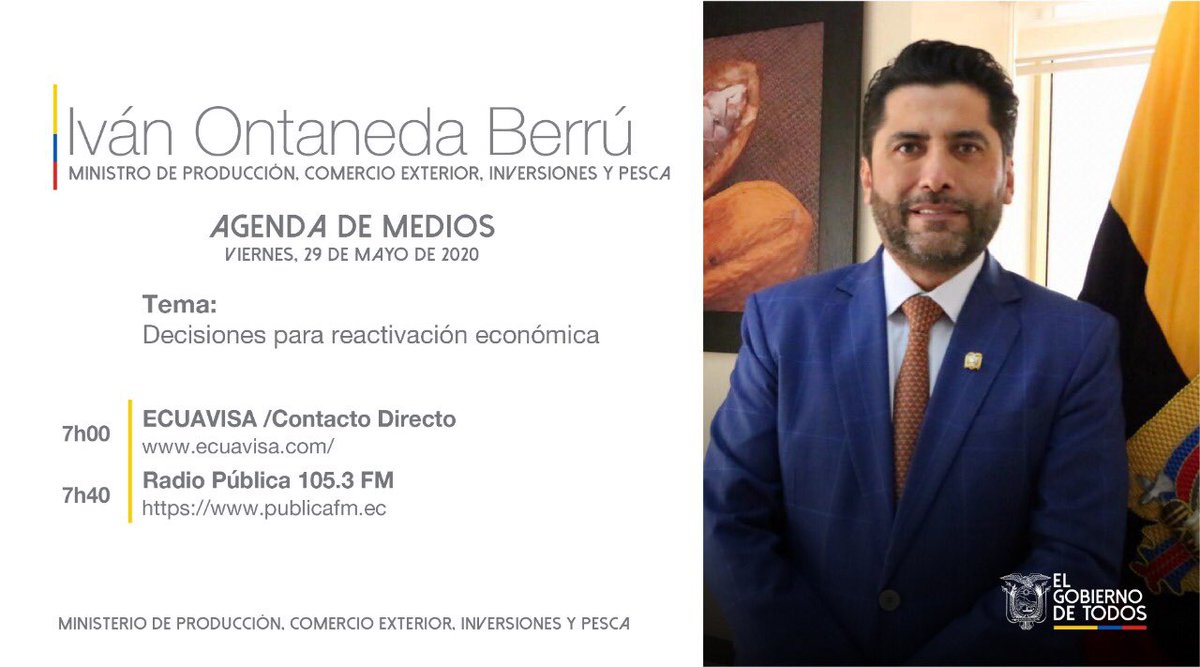 Produccion_Ecu's tweet photo. #EnMedios🎙| Mañana, te invitamos a seguir las entrevistas del ministro @IvanOntanedaB donde dialogará sobre las decisiones para la reactivación económica. 
#AEcuadorLoSacamosTodos 🇪🇨 https://t.co/uh0JVOWWKM