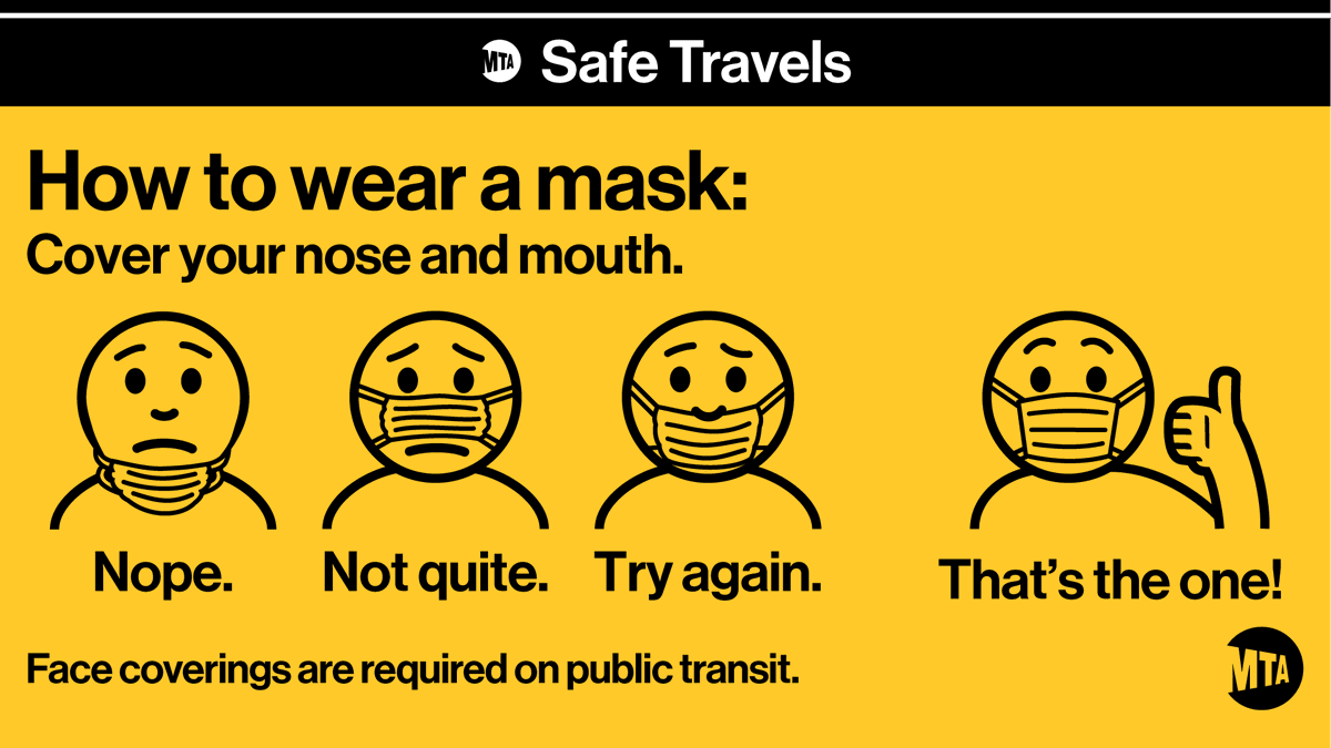 NYCTSubway's tweet photo. If you're traveling with us, you must keep both your nose and mouth covered. 
 
Some tips on how to do that 👇 https://t.co/2NRsQ5Riow