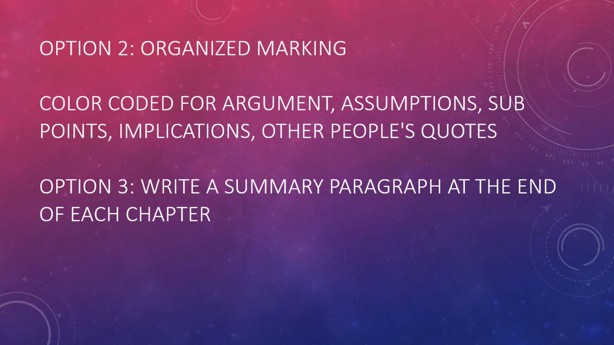  @CharlieGoetz has a pretty organized way of marking up his books while looking for key, big-picture information. Also there is the approach of closing the book at the end of each chapter and writing/typing a few sentences. If you can do that with the book closed, then you've..17/