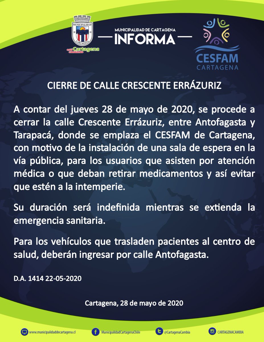 Muni_Cartagena's tweet photo. Se informa a la comunidad sobre el cierre de la calle Crescente Errazuriz entre Antofagasta y Tarapacá, en las afueras del CESFAM de #Cartagena, por instalación de carpa que funcionará como sala de espera en la vía pública, para evitar que los usuarios estén a la intemperie. https://t.co/9ZRzE5uzQz