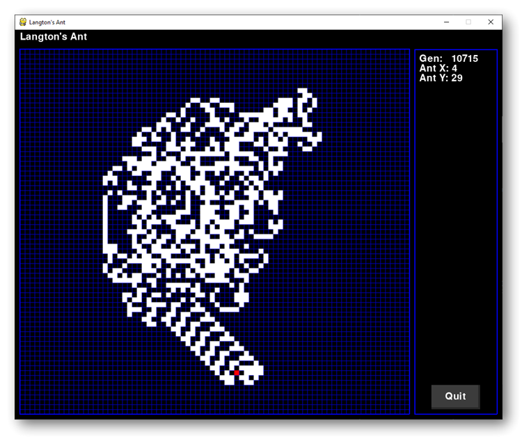 simulatine's tweet photo. Day 19 of #100DaysOfCode - Worked on Langton's Ant (https://t.co/kezf6urijn) simulation in Pygame #Python #Pygame https://t.co/mc4XX0yxwM