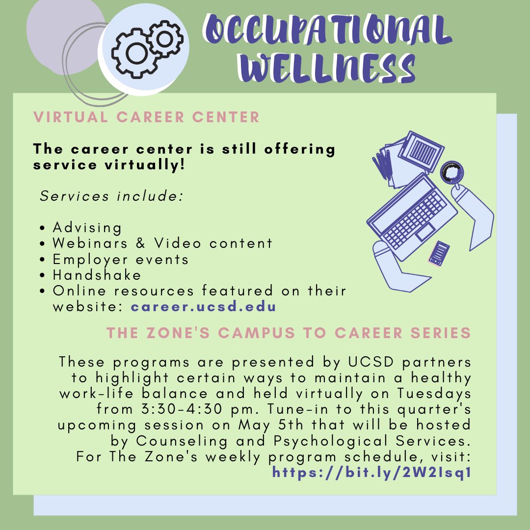UCSDZone's tweet photo. Here are more alternative ideas &amp; resources that help promote financial, occupational, environmental, &amp; spiritual wellness! Remember there are a bunch of alternative at-home ways you can complete the well-being leadership award! Check out https://t.co/JXha78d5d0 for more info! https://t.co/F6O3XhSsF2