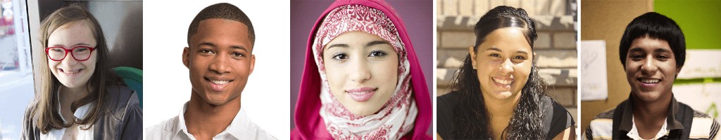 a series of 5 portratis of young teens of different racial and gender backgrounds