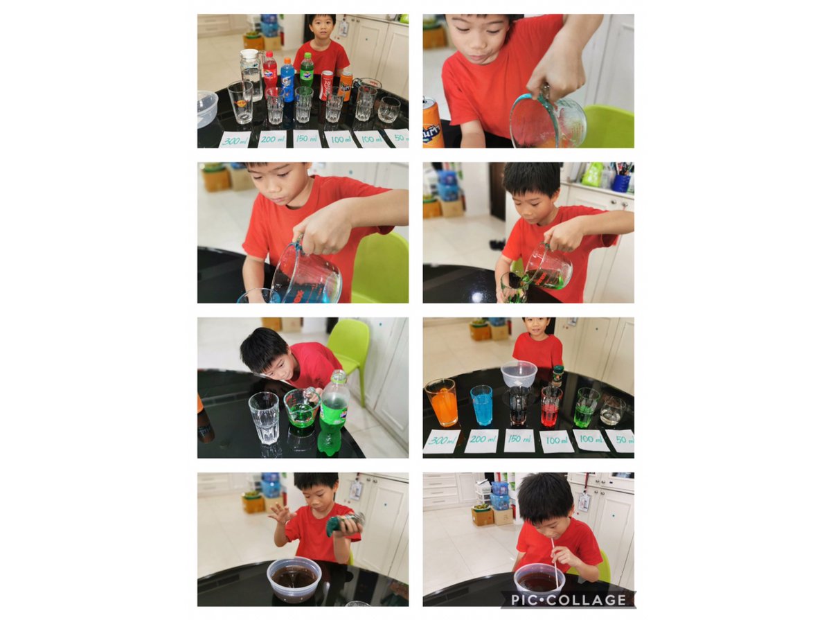 SHBriverside's tweet photo. Here is a photo collection of Wit in 2FR who is using his learning on capacity to make a magic potion! He measured each liquid carefully before mixing it together.

Ms Russo was mighty impressed with this effort!

#SHBDistanceLearning https://t.co/Z4vYRdCRaO