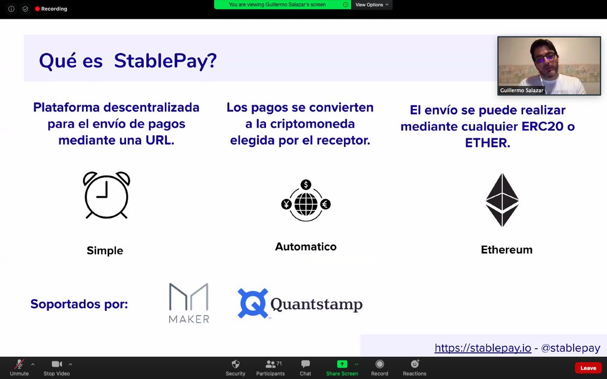EthereumArg's tweet image. [Ahora] @guillesalazar presentando @StablePay:

"#StablePay es una plataforma descentralizada de pagos que le permite a un usuario enviar fondos en un token ERC-20 y a otro recibirlos en cualquier otra moneda, mediante una URL".