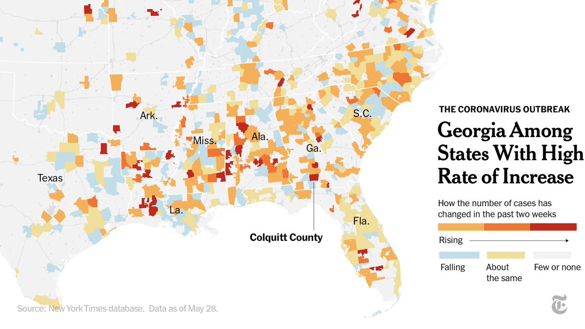 In Colquitt County, Georgia, the average number of new cases per day has more than quadrupled over the past 14 days.  https://nyti.ms/36F08gd 