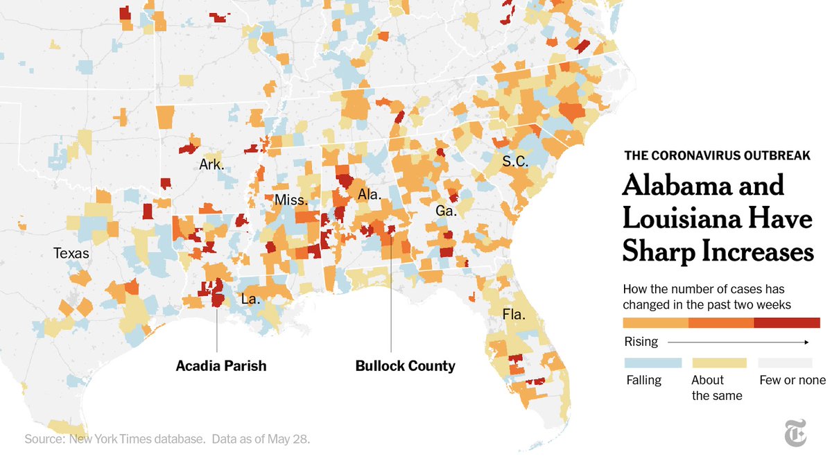 In Bullock County, Alabama, the average number of new cases per day has increased more than tenfold over the past 14 days. The average number of new cases has more than tripled in Acadia Parish, Louisiana. https://nyti.ms/36F08gd 