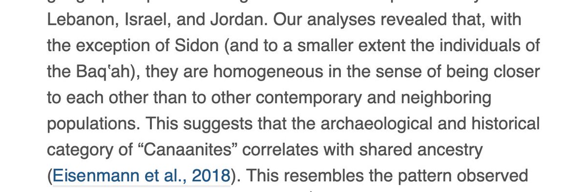 This idea of homogeneous geographic/political/ethnic Canaanites appears in the article, though in somewhat cautious form -- we're told there's a correlation, but it's not discussed exactly how this correlation works.
