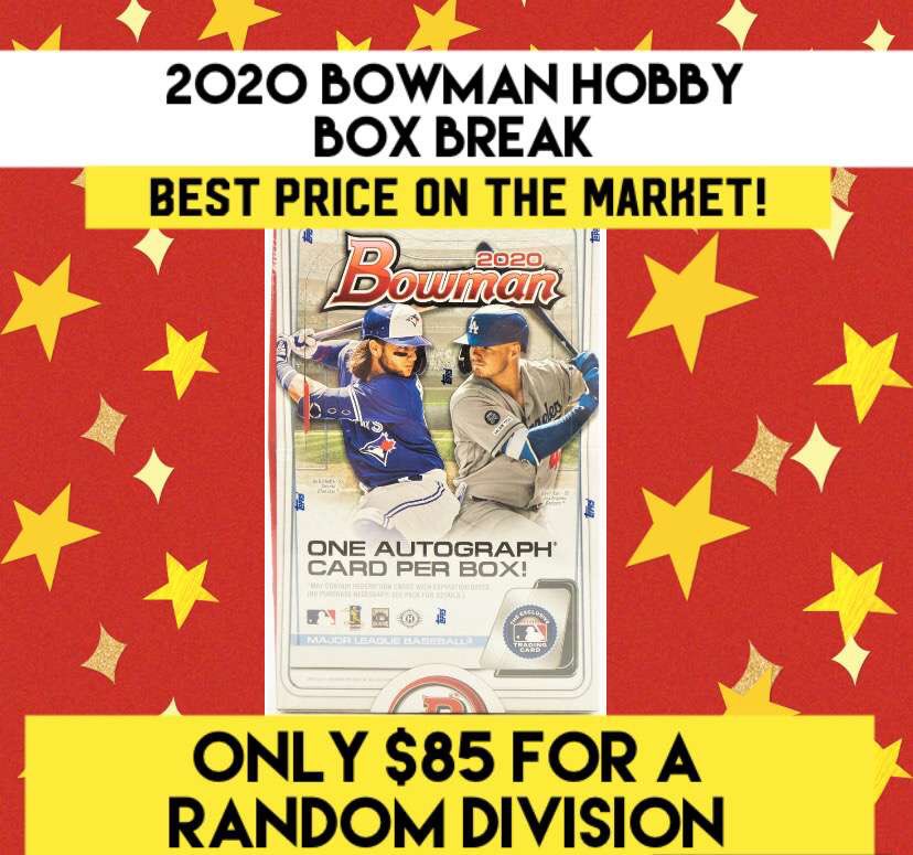 RCardbreakers's tweet image. (1) One 2020 bowman hobby box break! $85 shipped for a random division. Best Price you will find on the market. Break will happen once filled. Message me if interested. #rjmcardbreakers #cardbreaks #baseball #bowmanbaseball #greatdeals #jassondominguez #bowman #greatdeal #cards