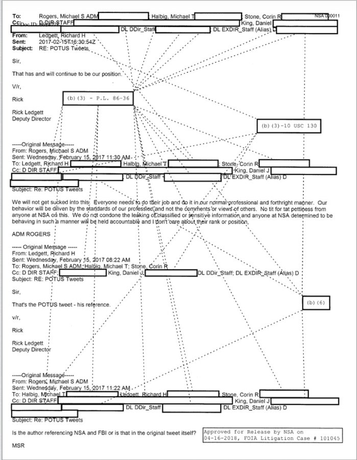 Here's an email from former head of NSA Mike Rogers advising personnel not to get into a "tit for tat" over Trump's tweet 3/