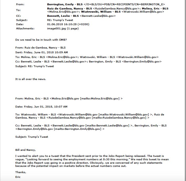 Here's an email from the Bureau of Labor Statistics reacting to Trump's tweet about job numbers before it was announced 4/