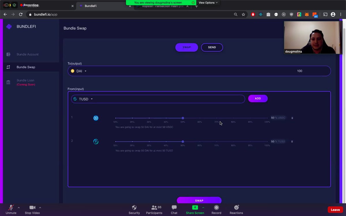 🗣@doug_molinam realizó un demo de #BundleFi en el meetup: 

"#BundleFi le permite a sus usuarios hacer pagos en múltiples tokens utilizando fondos en otros y migrar préstamos entre plataformas para conseguir mejores tasas en un sólo click".